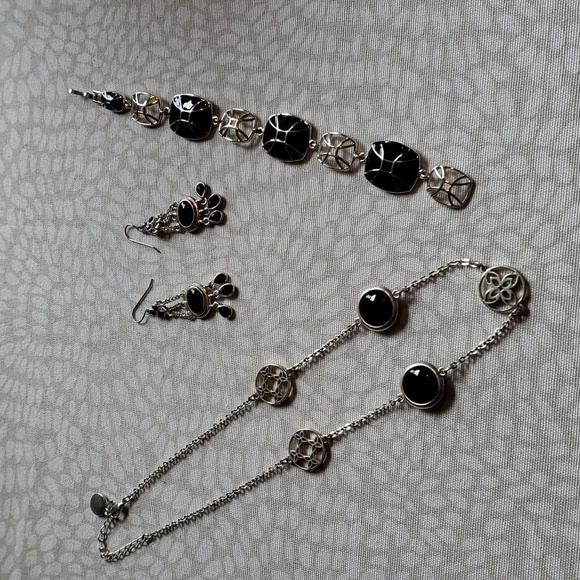 Black and Silver-Tone Three Piece Jewelry Set (Earrings, Bracelet, Necklace) - Picture 6 of 6